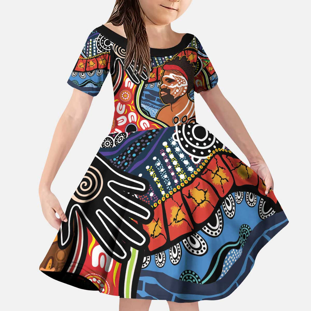 Dad and Son Footprint Father's Day Personalised Kid Short Sleeve Dress Australian Aboriginal Art