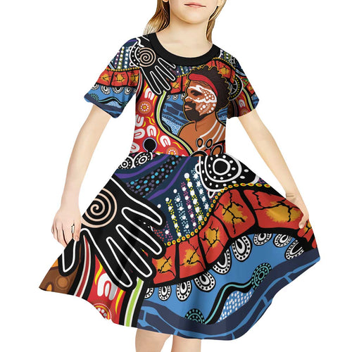 Dad and Son Footprint Father's Day Personalised Kid Short Sleeve Dress Australian Aboriginal Art