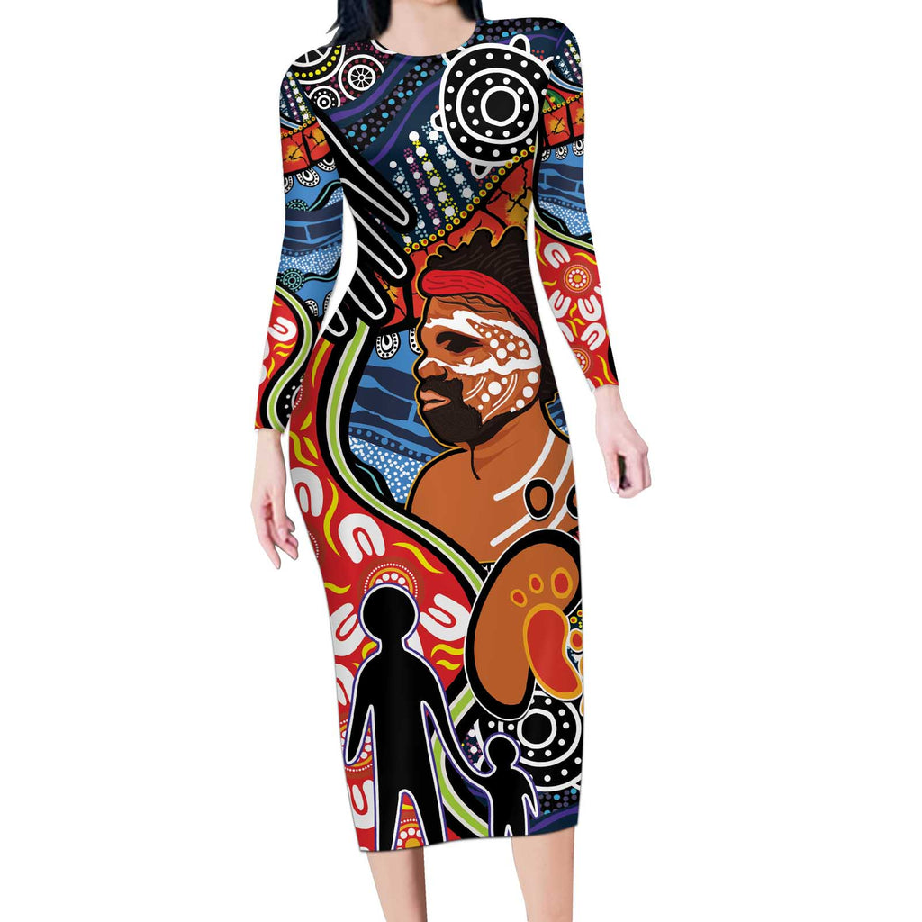 Dad and Son Footprint Father's Day Personalised Long Sleeve Bodycon Dress Australian Aboriginal Art