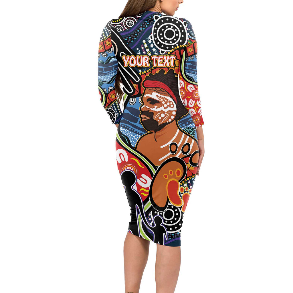 Dad and Son Footprint Father's Day Personalised Long Sleeve Bodycon Dress Australian Aboriginal Art