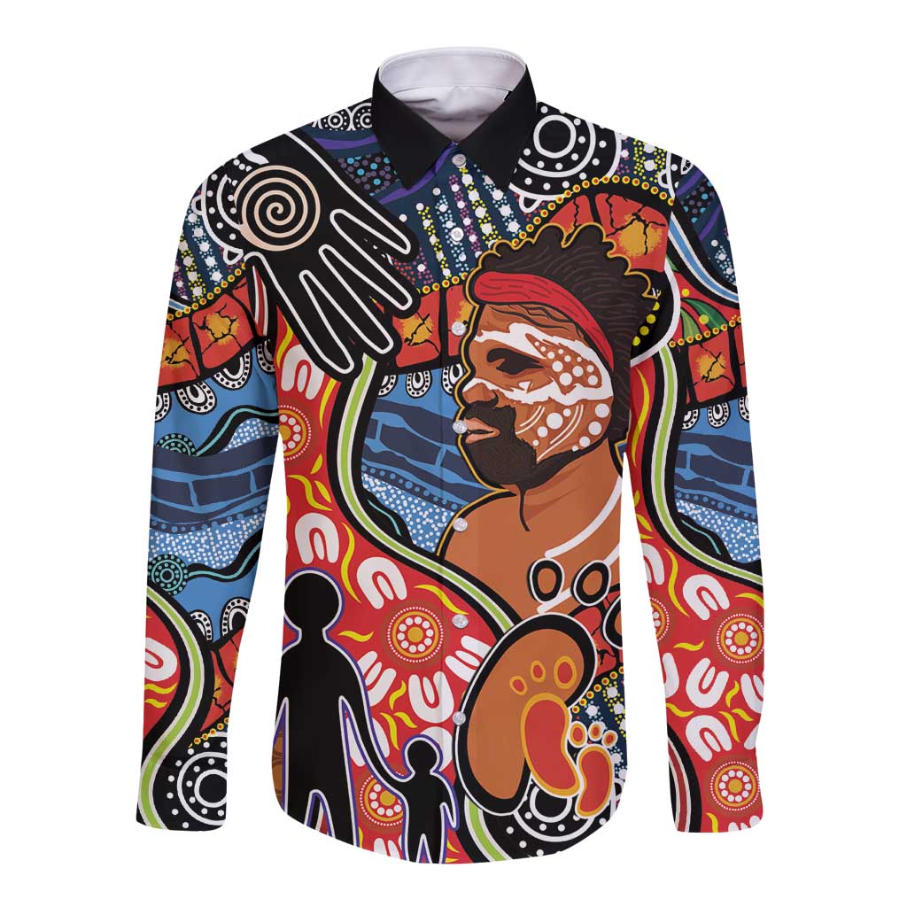 Dad and Son Footprint Father's Day Personalised Long Sleeve Button Shirt Australian Aboriginal Art