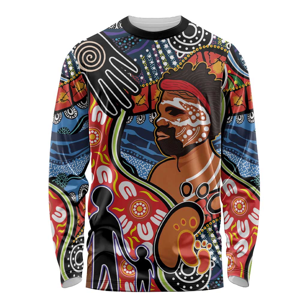 Dad and Son Footprint Father's Day Personalised Long Sleeve Shirt Australian Aboriginal Art