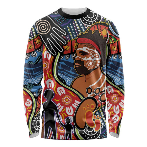 Dad and Son Footprint Father's Day Personalised Long Sleeve Shirt Australian Aboriginal Art