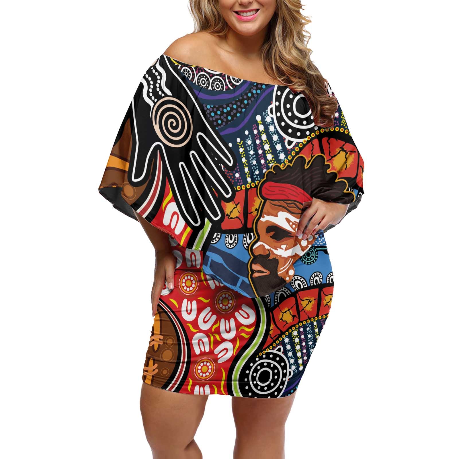 Dad and Son Footprint Father's Day Personalised Off Shoulder Short Dress Australian Aboriginal Art