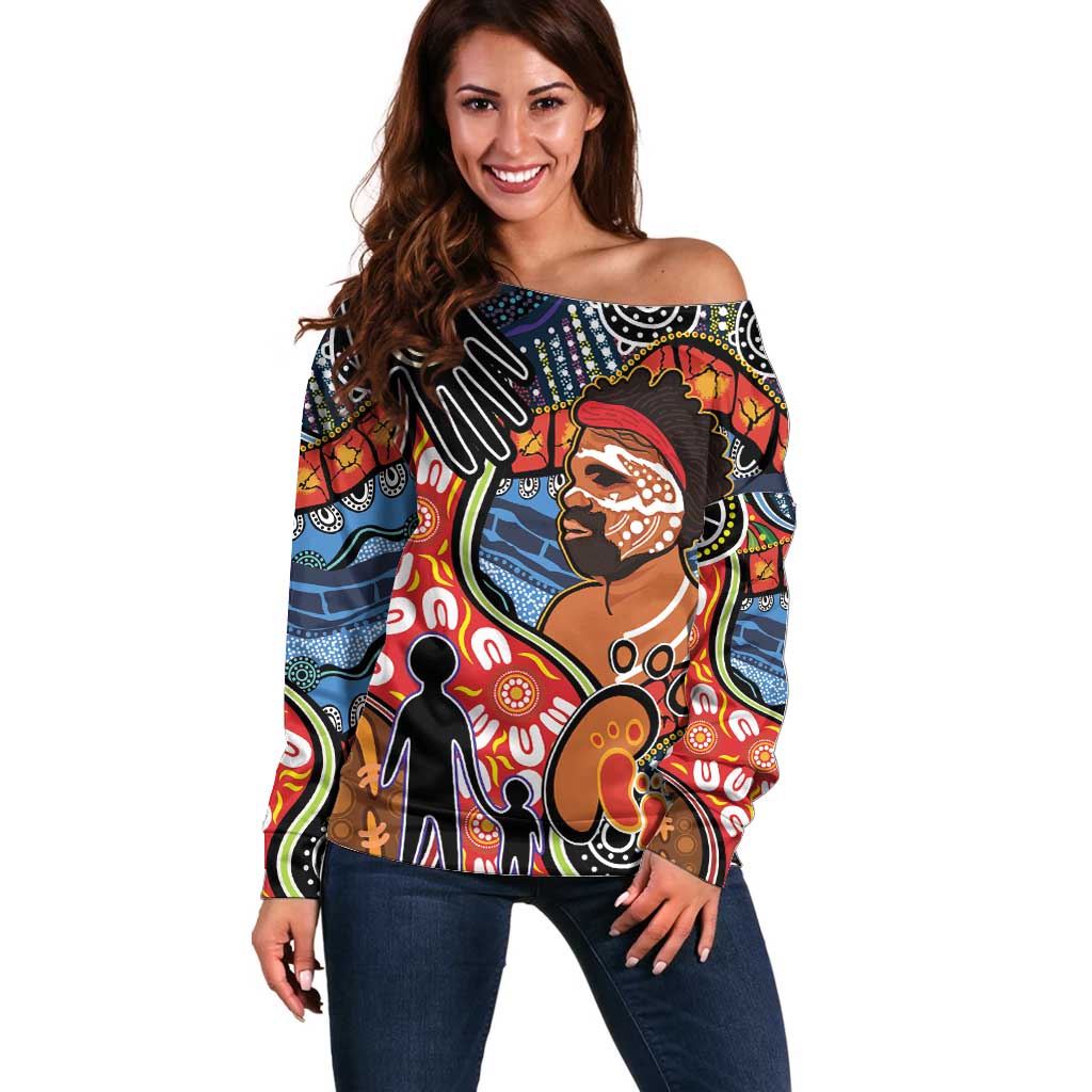 Dad and Son Footprint Father's Day Personalised Off Shoulder Sweater Australian Aboriginal Art