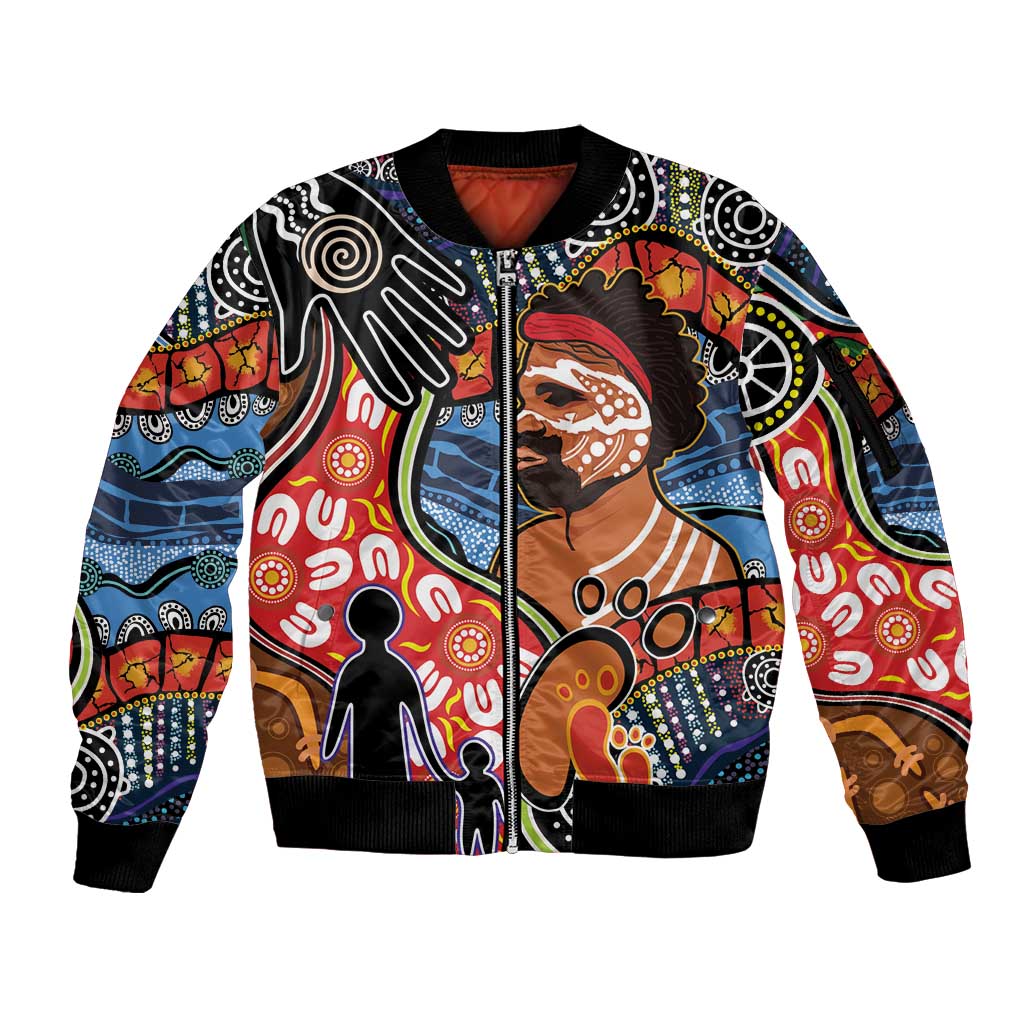 Dad and Son Footprint Father's Day Personalised Sleeve Zip Bomber Jacket Australian Aboriginal Art