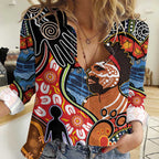 Dad and Son Footprint Father's Day Personalised Women Casual Shirt Australian Aboriginal Art
