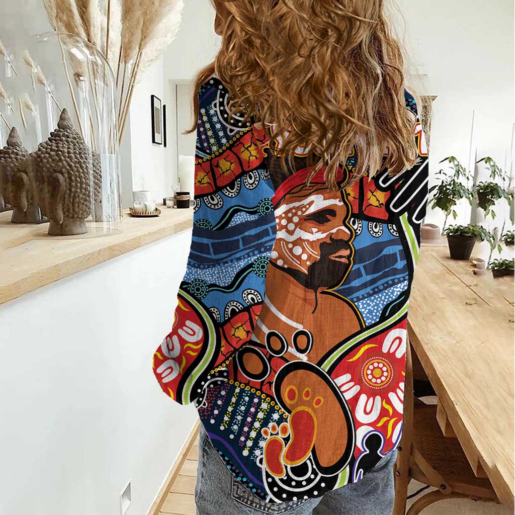 Dad and Son Footprint Father's Day Personalised Women Casual Shirt Australian Aboriginal Art