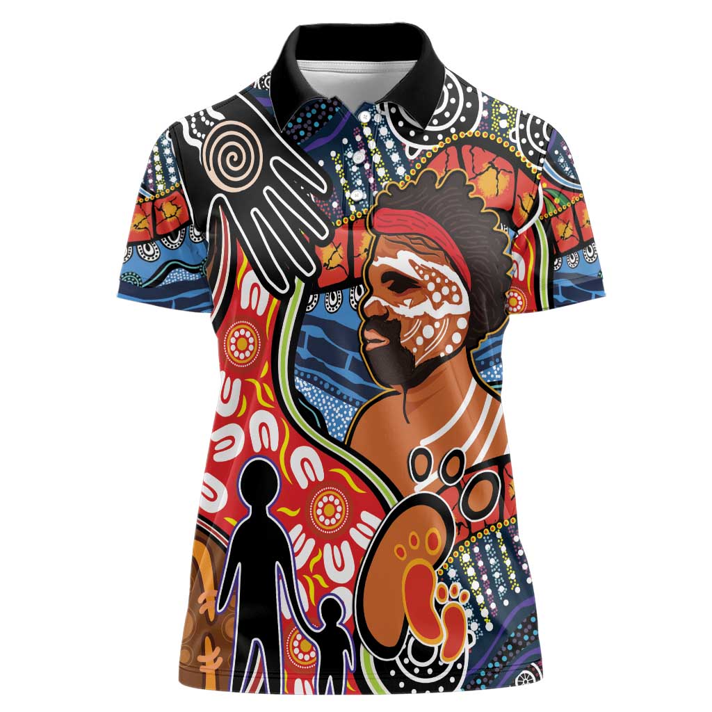 Dad and Son Footprint Father's Day Personalised Women Polo Shirt Australian Aboriginal Art