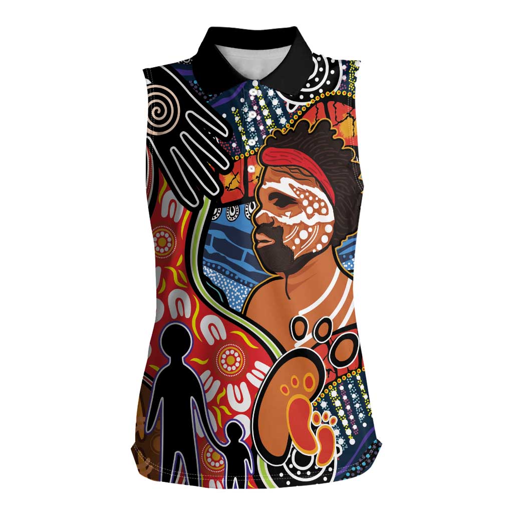 Dad and Son Footprint Father's Day Personalised Women Sleeveless Polo Shirt Australian Aboriginal Art