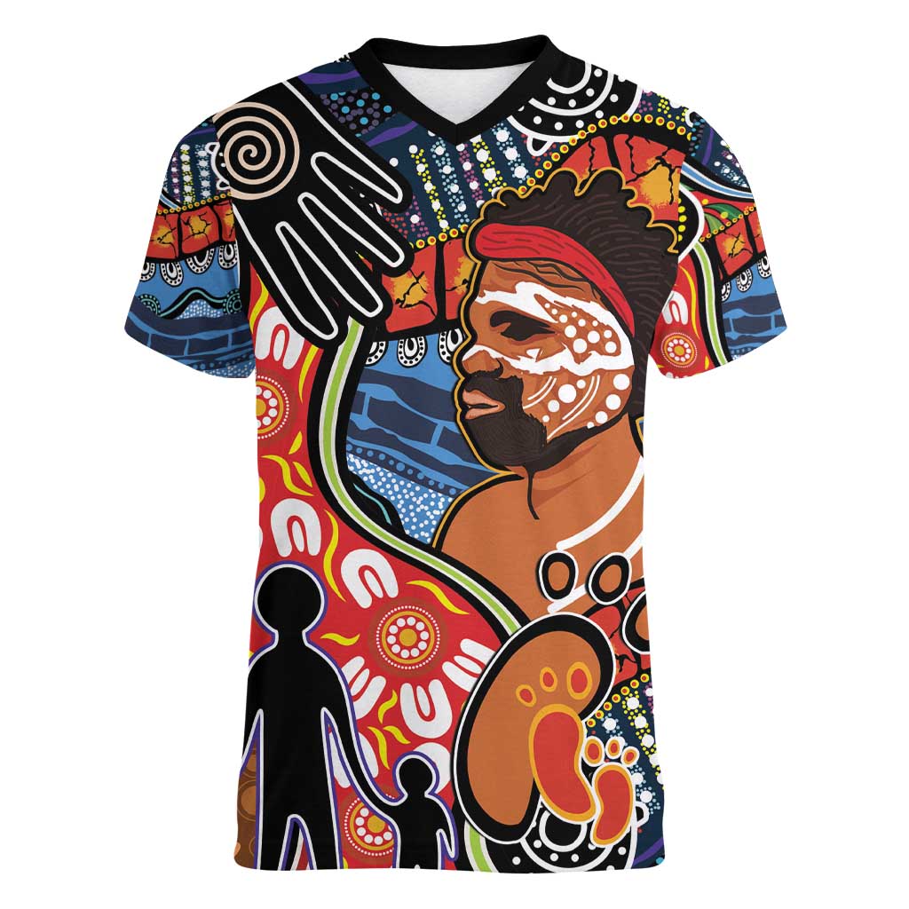 Dad and Son Footprint Father's Day Personalised Women V-Neck T-Shirt Australian Aboriginal Art