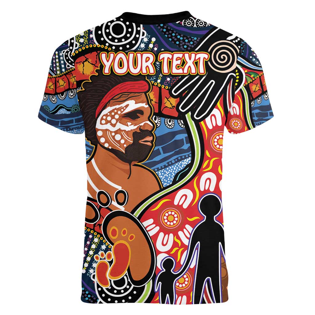 Dad and Son Footprint Father's Day Personalised Women V-Neck T-Shirt Australian Aboriginal Art