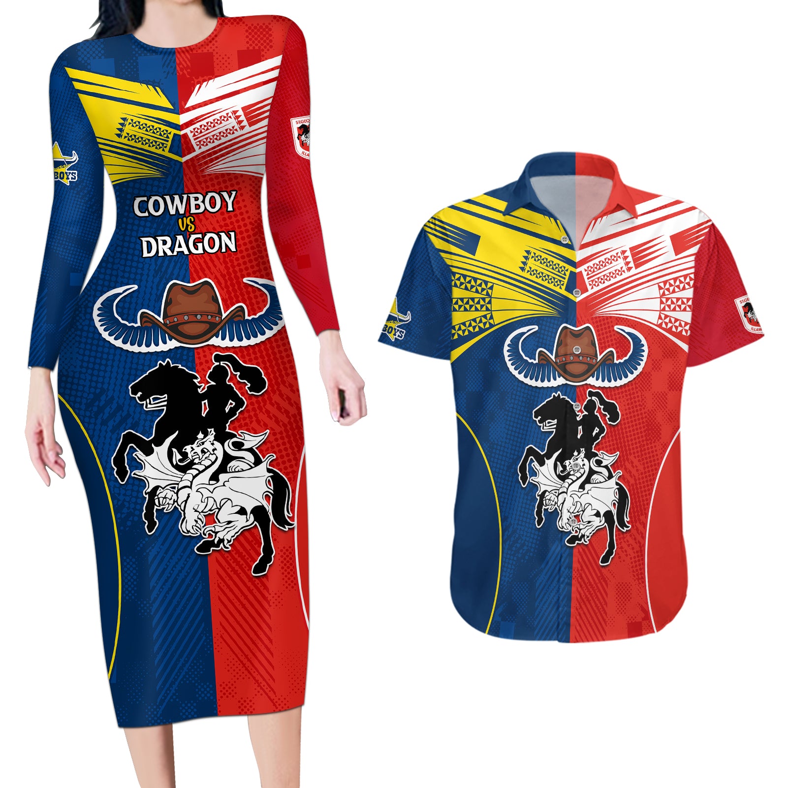 nrl-cowboys-combine-dragon-rugby-couples-matching-long-sleeve-bodycon-dress-and-hawaiian-shirt-sporty-style