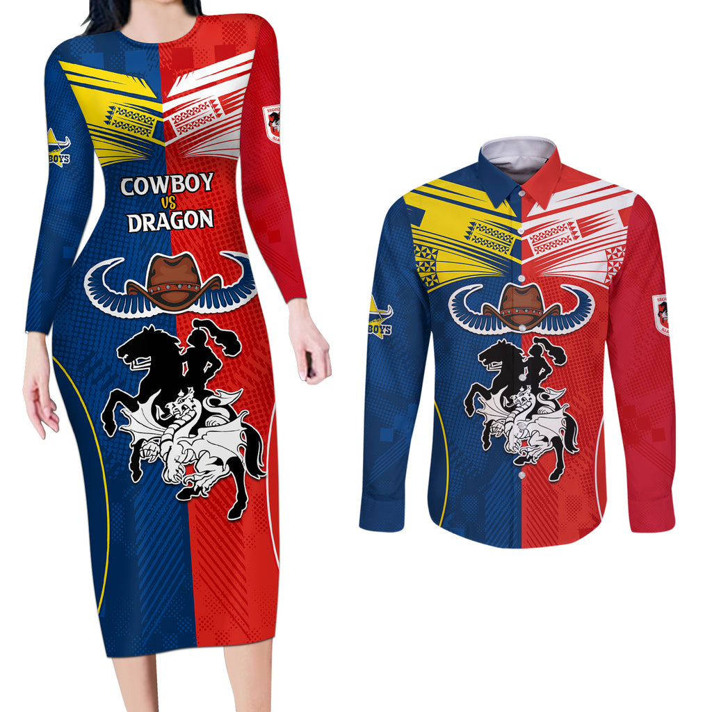 nrl-cowboys-combine-dragon-rugby-couples-matching-long-sleeve-bodycon-dress-and-long-sleeve-button-shirts-sporty-style