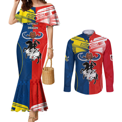 nrl-cowboys-combine-dragon-rugby-couples-matching-mermaid-dress-and-long-sleeve-button-shirts-sporty-style