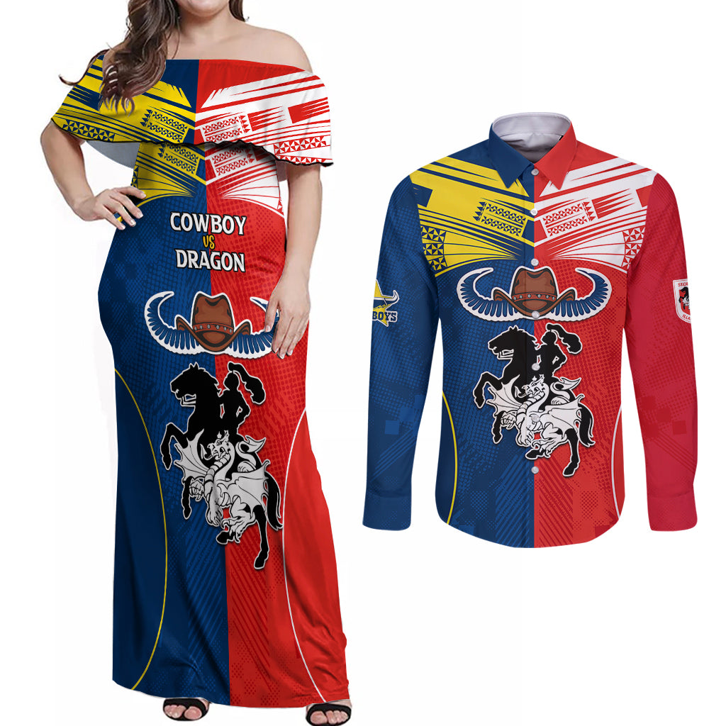 nrl-cowboys-combine-dragon-rugby-couples-matching-off-shoulder-maxi-dress-and-long-sleeve-button-shirts-sporty-style