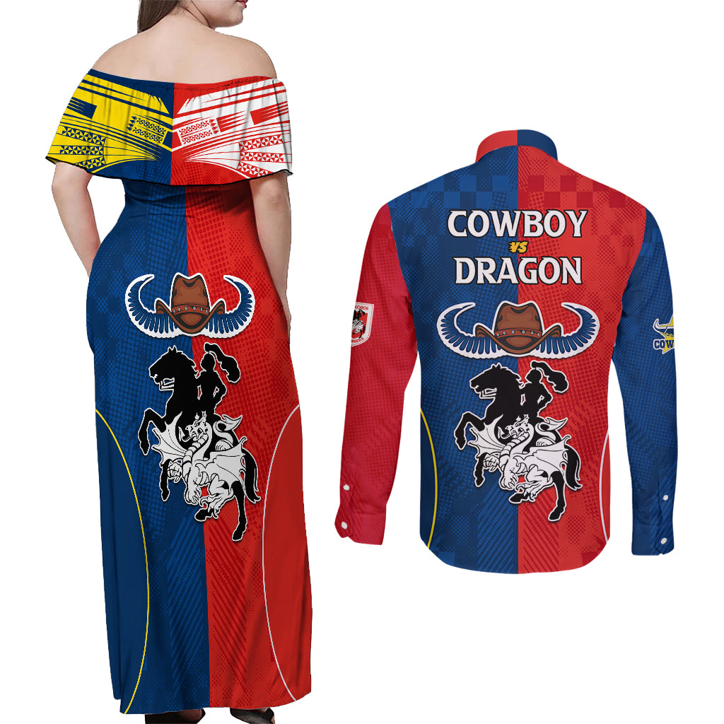 nrl-cowboys-combine-dragon-rugby-couples-matching-off-shoulder-maxi-dress-and-long-sleeve-button-shirts-sporty-style