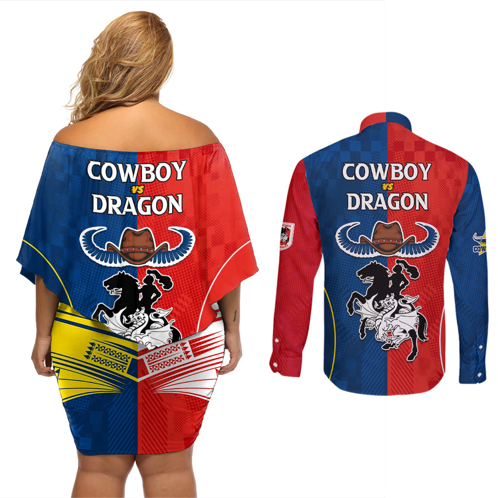 nrl-cowboys-combine-dragon-rugby-couples-matching-off-shoulder-short-dress-and-long-sleeve-button-shirts-sporty-style