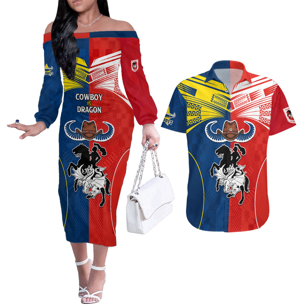 nrl-cowboys-combine-dragon-rugby-couples-matching-off-the-shoulder-long-sleeve-dress-and-hawaiian-shirt-sporty-style