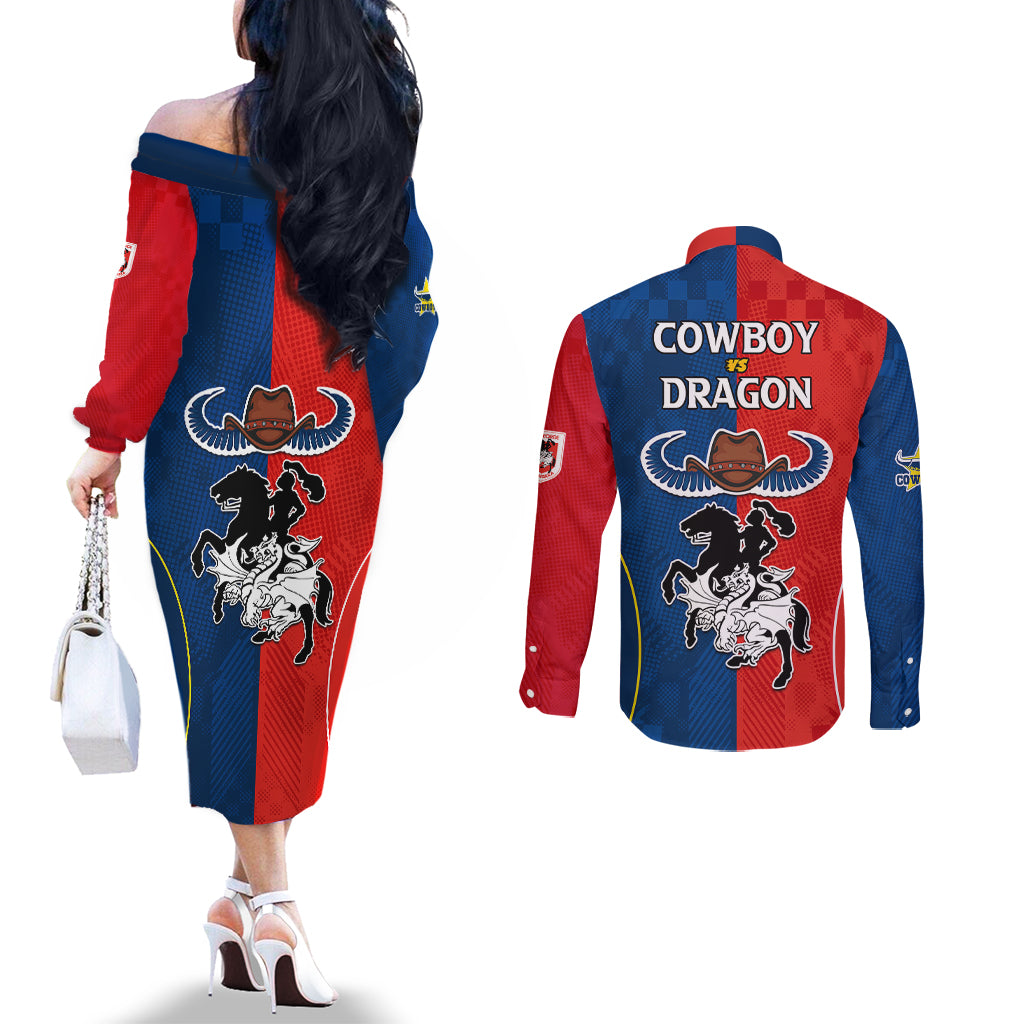 nrl-cowboys-combine-dragon-rugby-couples-matching-off-the-shoulder-long-sleeve-dress-and-long-sleeve-button-shirts-sporty-style