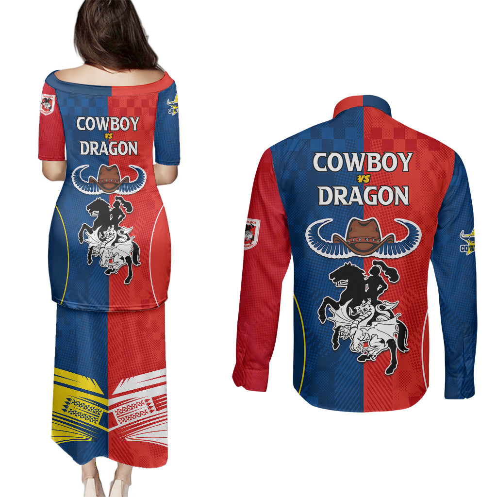nrl-cowboys-combine-dragon-rugby-couples-matching-puletasi-dress-and-long-sleeve-button-shirts-sporty-style