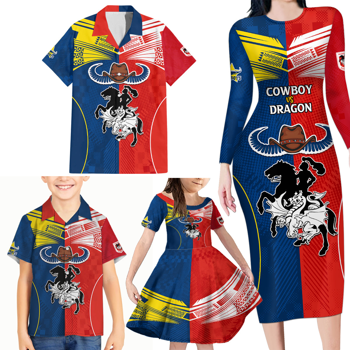 nrl-cowboys-combine-dragon-rugby-family-matching-long-sleeve-bodycon-dress-and-hawaiian-shirt-sporty-style