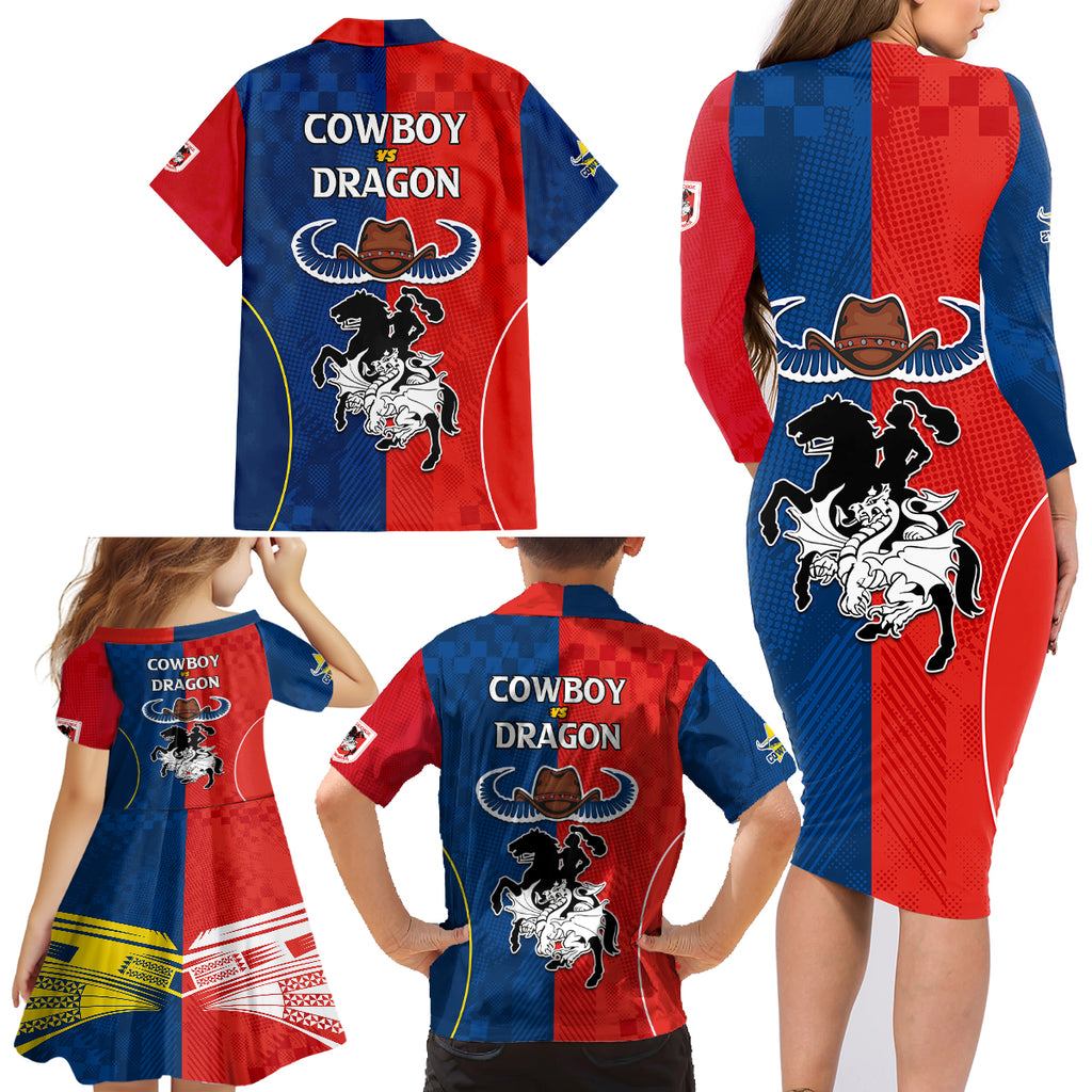 nrl-cowboys-combine-dragon-rugby-family-matching-long-sleeve-bodycon-dress-and-hawaiian-shirt-sporty-style