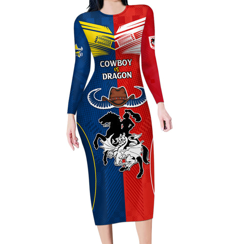 nrl-cowboys-combine-dragon-rugby-family-matching-long-sleeve-bodycon-dress-and-hawaiian-shirt-sporty-style