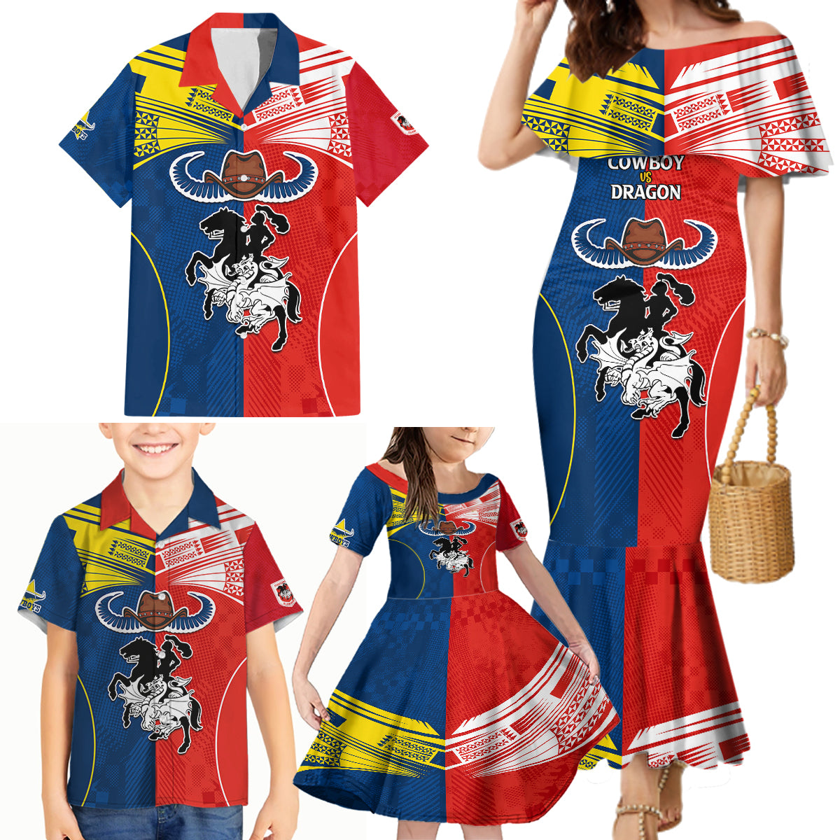nrl-cowboys-combine-dragon-rugby-family-matching-mermaid-dress-and-hawaiian-shirt-sporty-style