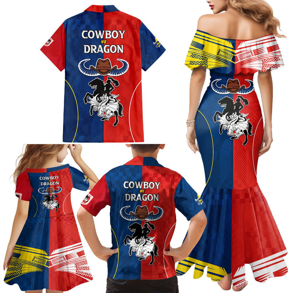 nrl-cowboys-combine-dragon-rugby-family-matching-mermaid-dress-and-hawaiian-shirt-sporty-style