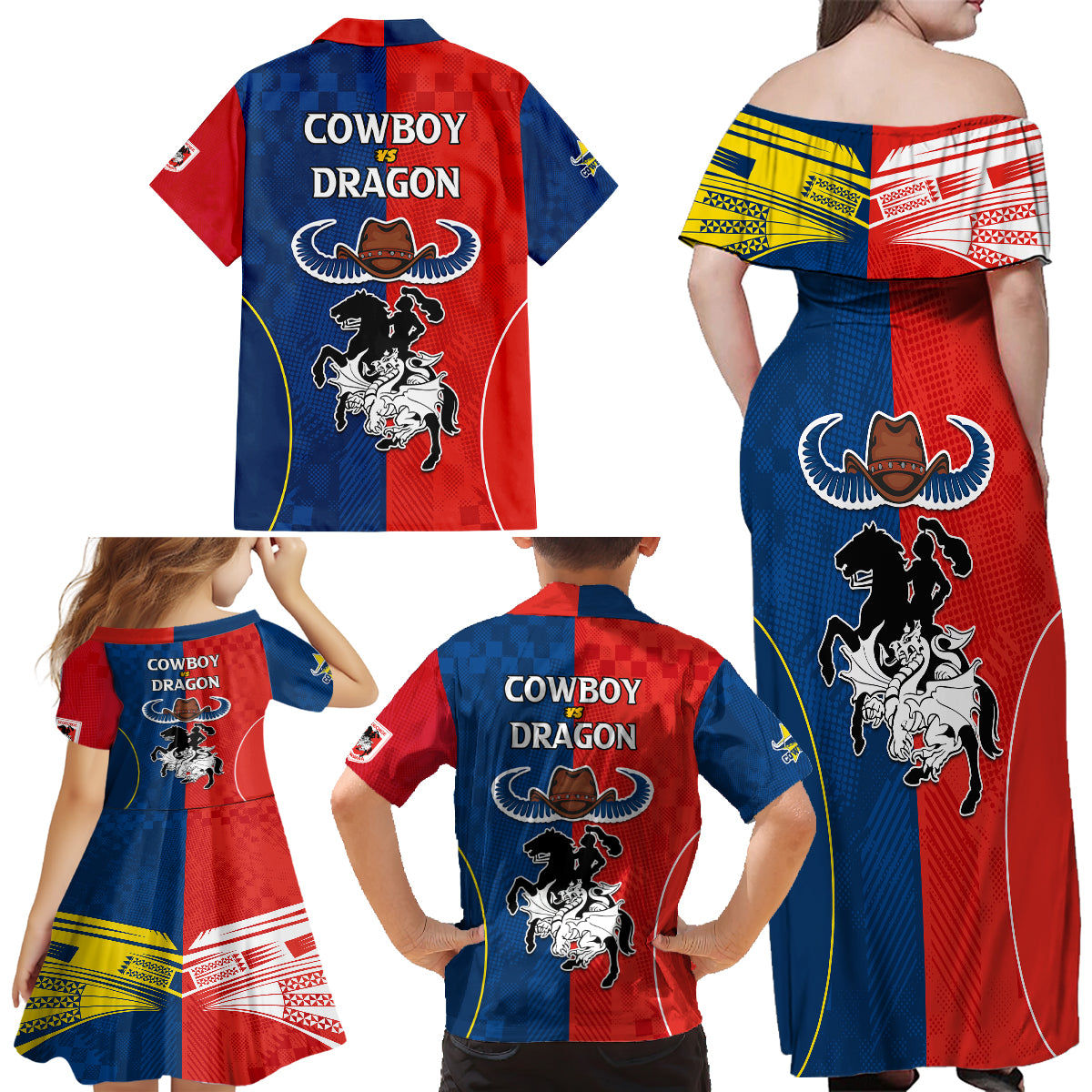 nrl-cowboys-combine-dragon-rugby-family-matching-off-shoulder-maxi-dress-and-hawaiian-shirt-sporty-style