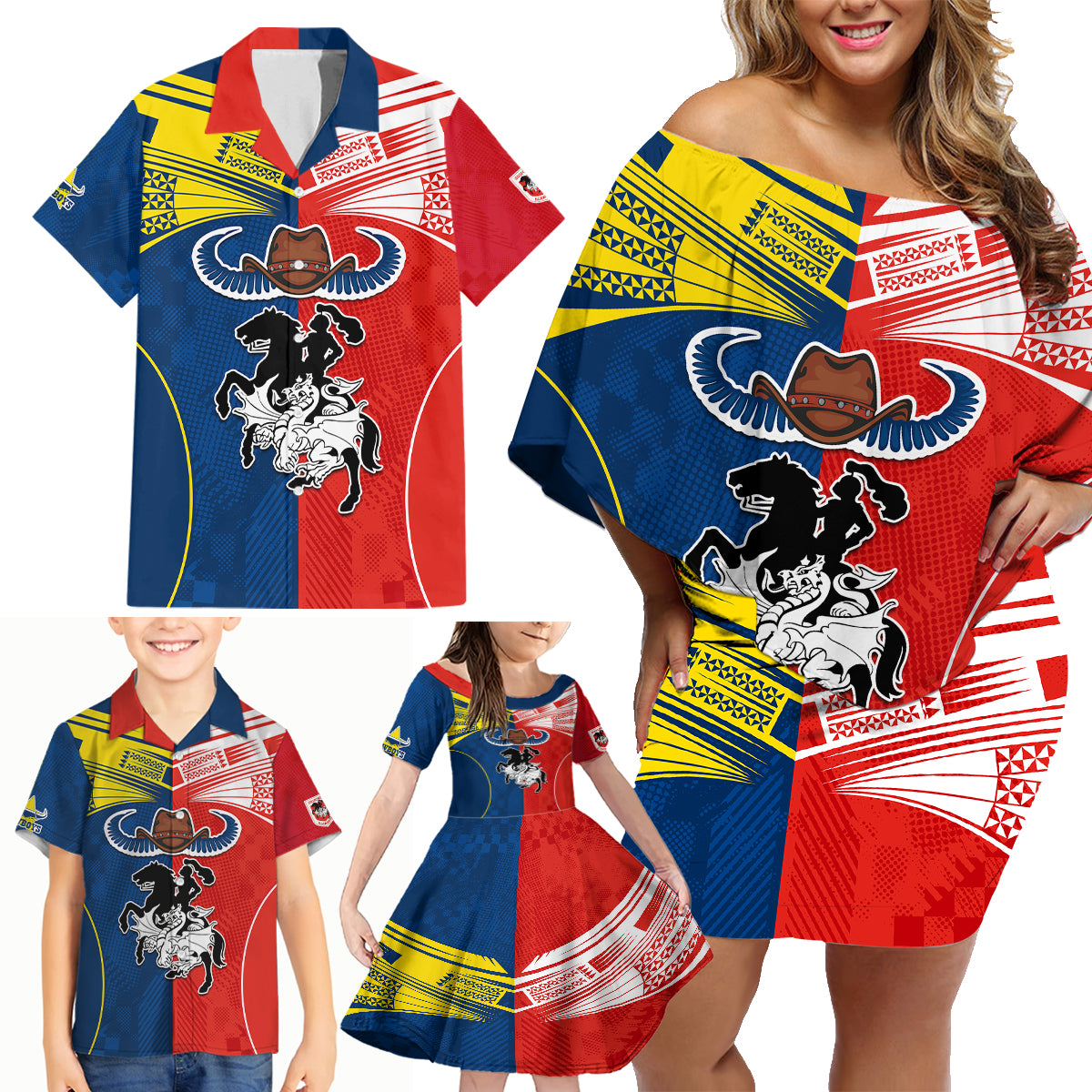 nrl-cowboys-combine-dragon-rugby-family-matching-off-shoulder-short-dress-and-hawaiian-shirt-sporty-style