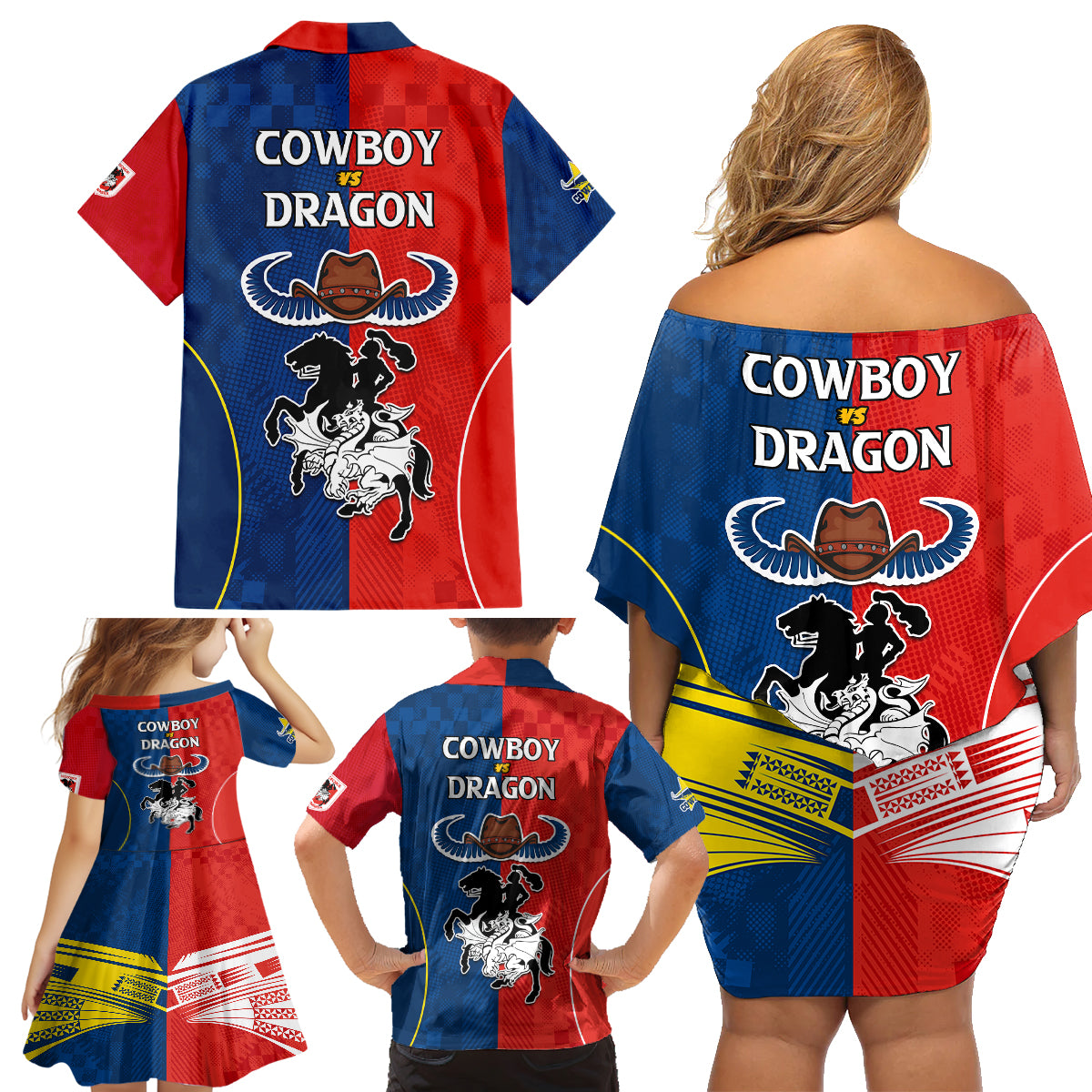nrl-cowboys-combine-dragon-rugby-family-matching-off-shoulder-short-dress-and-hawaiian-shirt-sporty-style