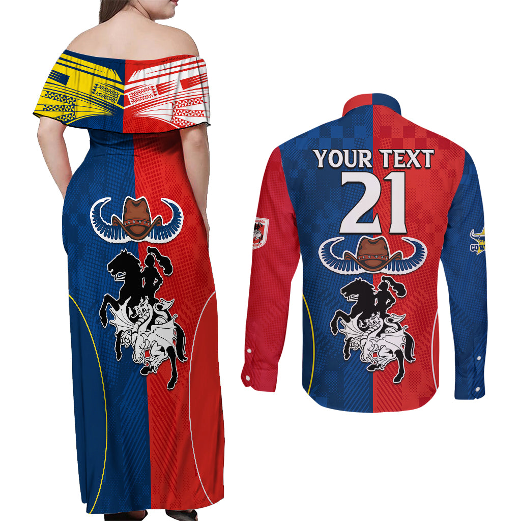 custom-nrl-cowboys-combine-dragon-rugby-couples-matching-off-shoulder-maxi-dress-and-long-sleeve-button-shirts-sporty-style