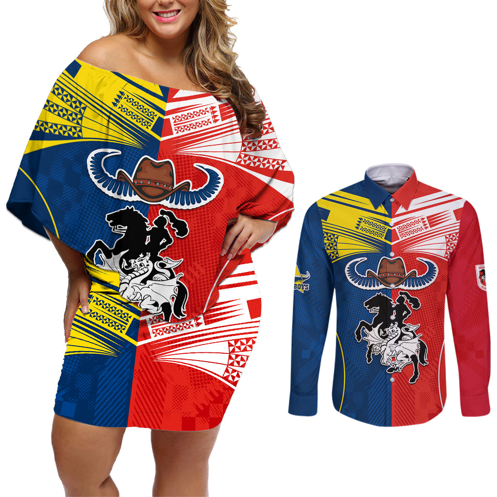 custom-nrl-cowboys-combine-dragon-rugby-couples-matching-off-shoulder-short-dress-and-long-sleeve-button-shirts-sporty-style
