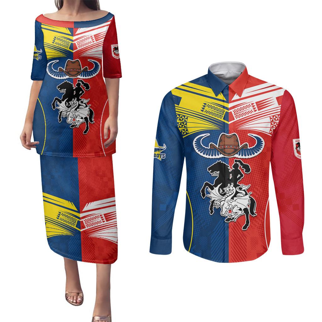 custom-nrl-cowboys-combine-dragon-rugby-couples-matching-puletasi-dress-and-long-sleeve-button-shirts-sporty-style