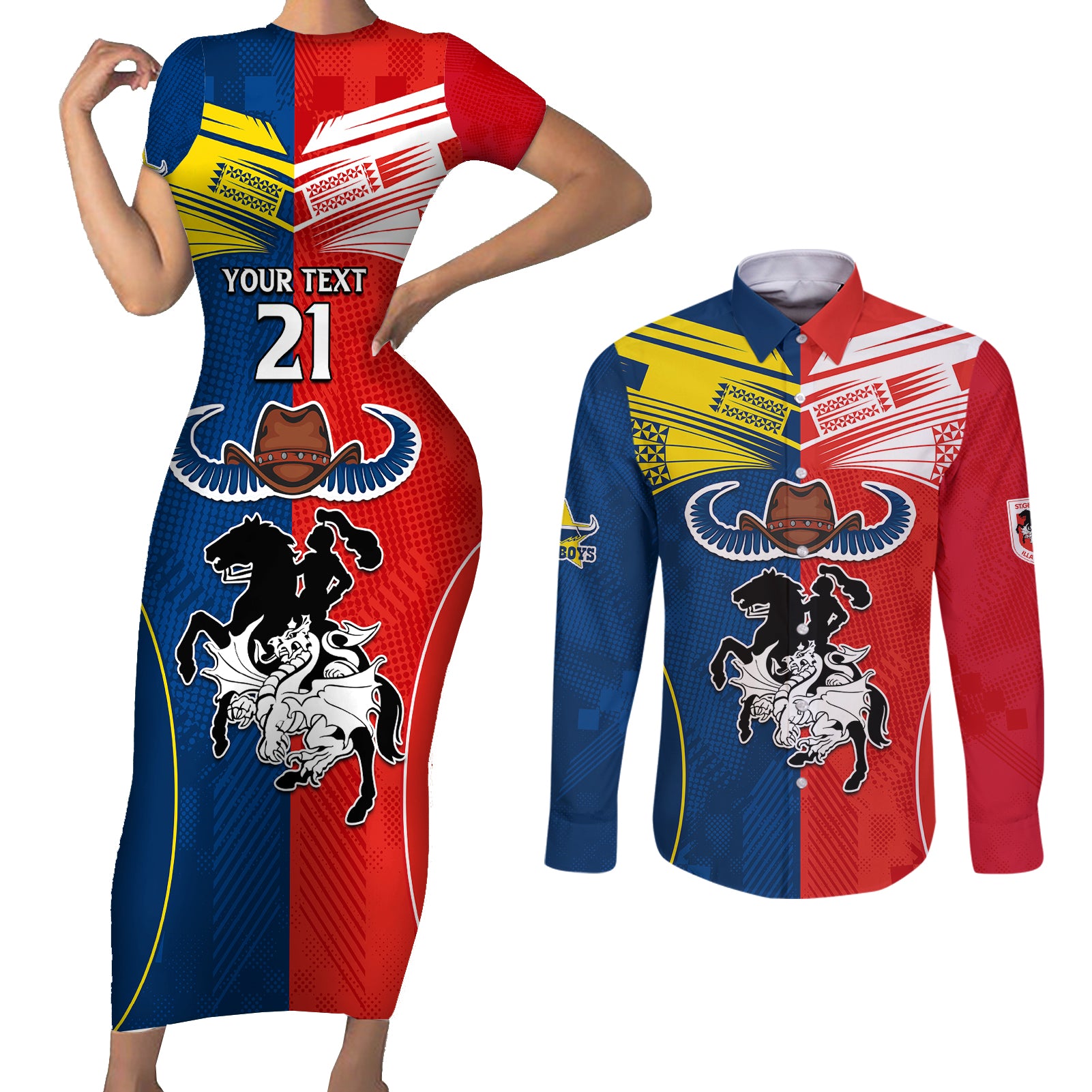 custom-nrl-cowboys-combine-dragon-rugby-couples-matching-short-sleeve-bodycon-dress-and-long-sleeve-button-shirts-sporty-style