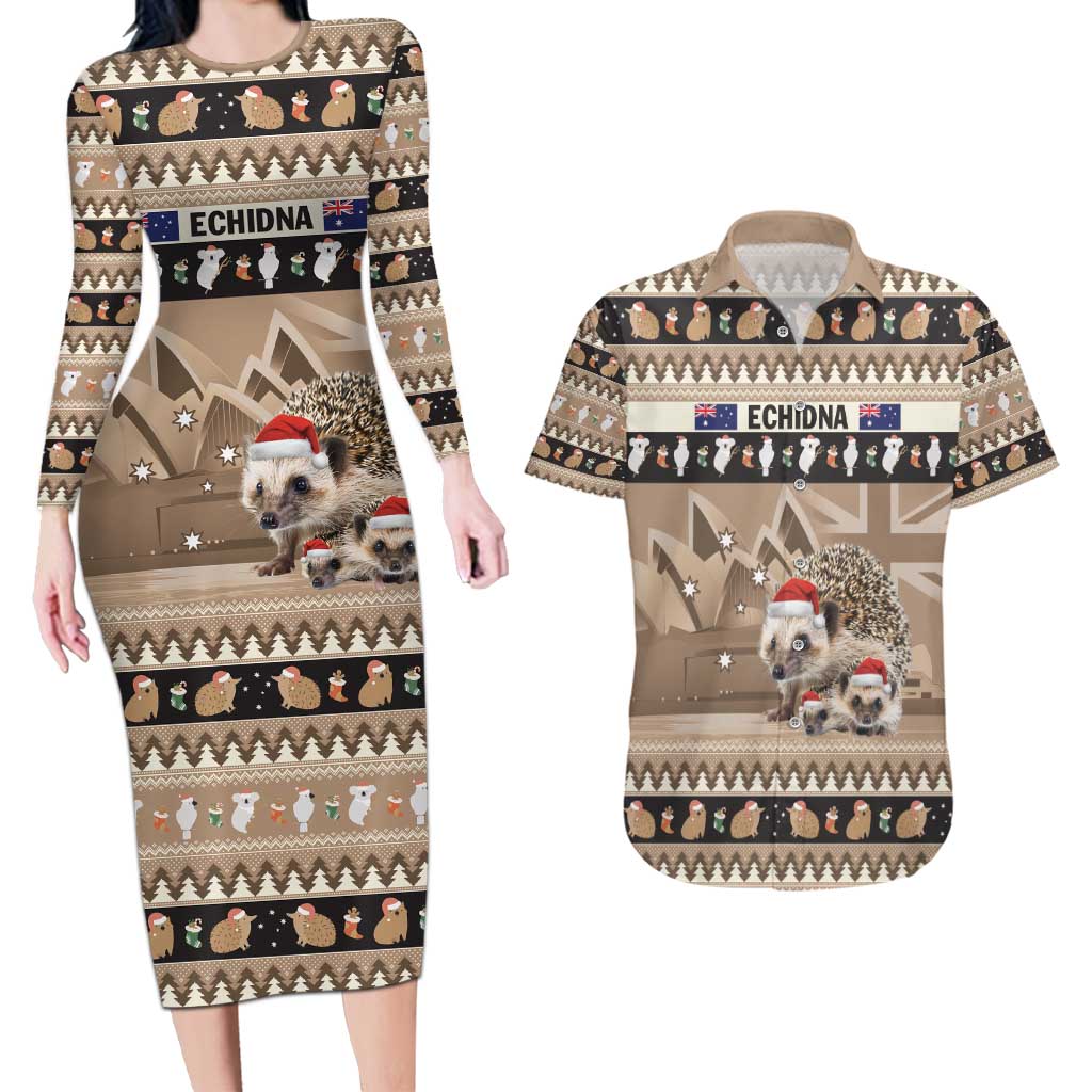 Aussie Echidna Couples Matching Long Sleeve Bodycon Dress and Hawaiian Shirt Merry Christmas