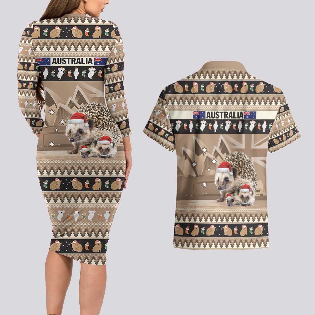 Aussie Echidna Couples Matching Long Sleeve Bodycon Dress and Hawaiian Shirt Merry Christmas
