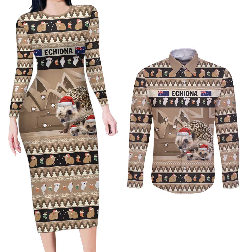 Aussie Echidna Couples Matching Long Sleeve Bodycon Dress and Long Sleeve Button Shirt Merry Christmas