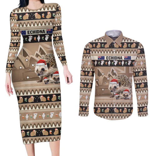 Aussie Echidna Couples Matching Long Sleeve Bodycon Dress and Long Sleeve Button Shirt Merry Christmas