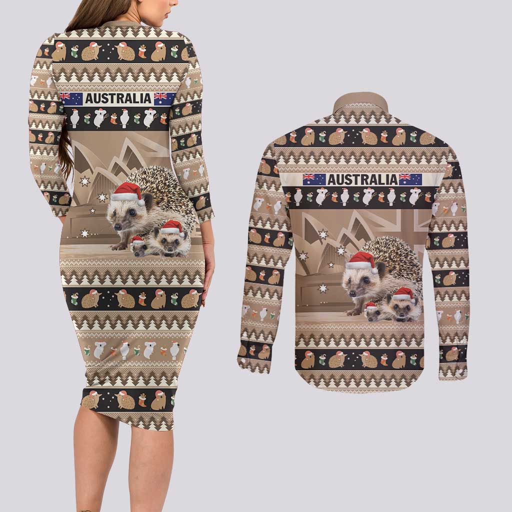 Aussie Echidna Couples Matching Long Sleeve Bodycon Dress and Long Sleeve Button Shirt Merry Christmas