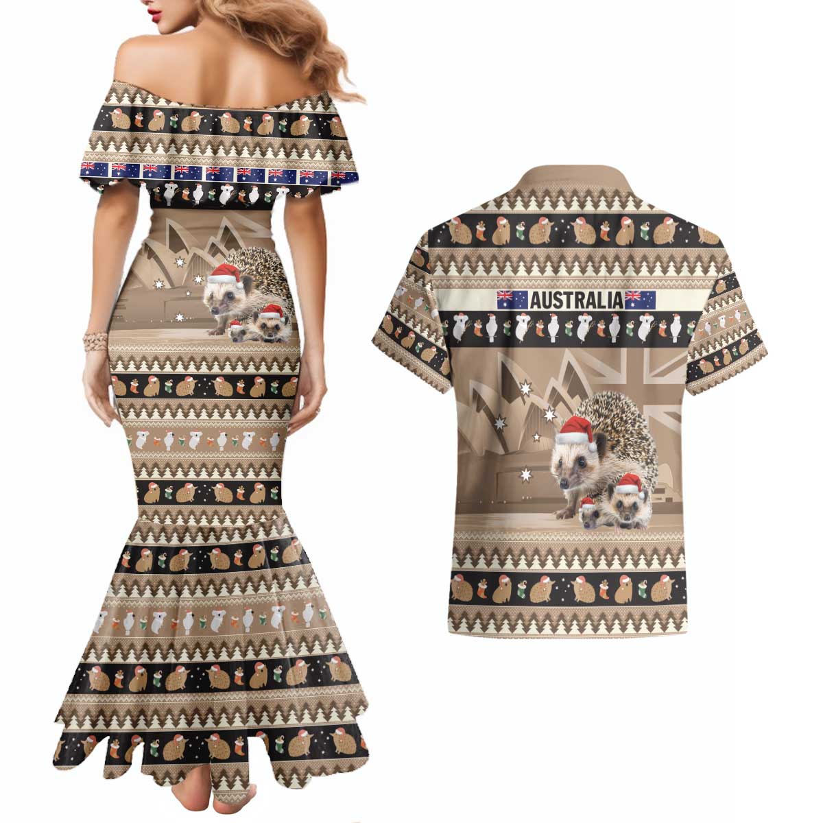 Aussie Echidna Couples Matching Mermaid Dress and Hawaiian Shirt Merry Christmas