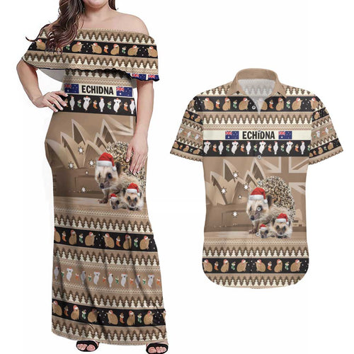 Aussie Echidna Couples Matching Off Shoulder Maxi Dress and Hawaiian Shirt Merry Christmas