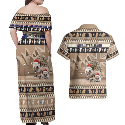 Aussie Echidna Couples Matching Off Shoulder Maxi Dress and Hawaiian Shirt Merry Christmas