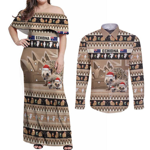 Aussie Echidna Couples Matching Off Shoulder Maxi Dress and Long Sleeve Button Shirt Merry Christmas