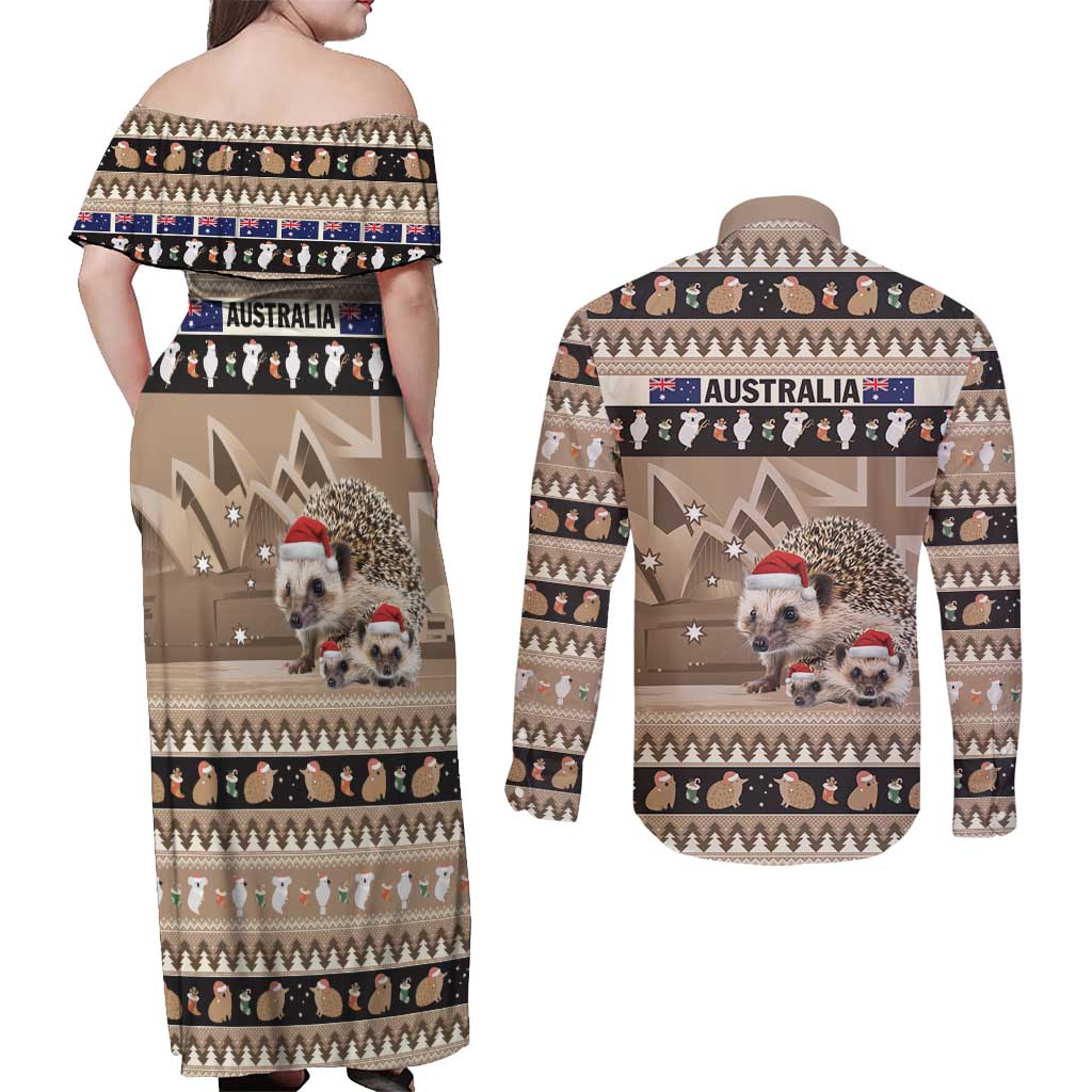 Aussie Echidna Couples Matching Off Shoulder Maxi Dress and Long Sleeve Button Shirt Merry Christmas