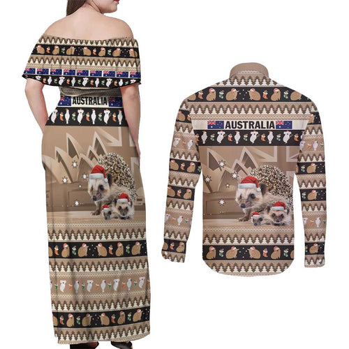 Aussie Echidna Couples Matching Off Shoulder Maxi Dress and Long Sleeve Button Shirt Merry Christmas