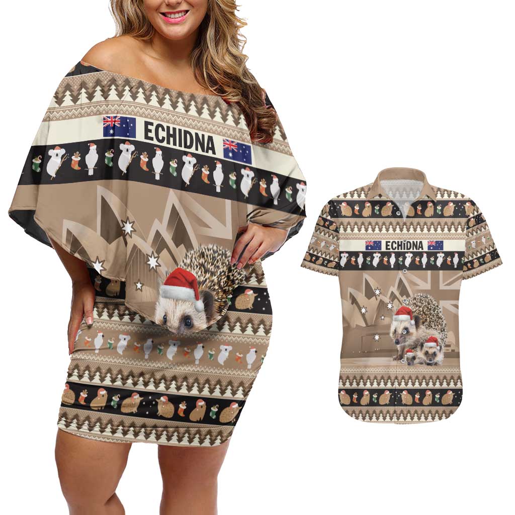 Aussie Echidna Couples Matching Off Shoulder Short Dress and Hawaiian Shirt Merry Christmas