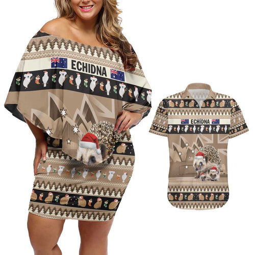 Aussie Echidna Couples Matching Off Shoulder Short Dress and Hawaiian Shirt Merry Christmas